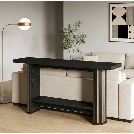 Mesa consola negra de madera 140 x 30 x 80 cm con estante inferior DESVIAE (1/5)