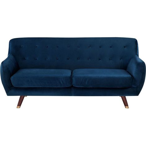 Sofa Navy Blue Velvet 3 Seater Button Tufted Back Cushioned Seat Wooden Legs BODO