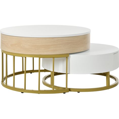 Mesa de centro redonda nido elevable con cajón, MDF blanco efecto madera y metal dorado (1/5)