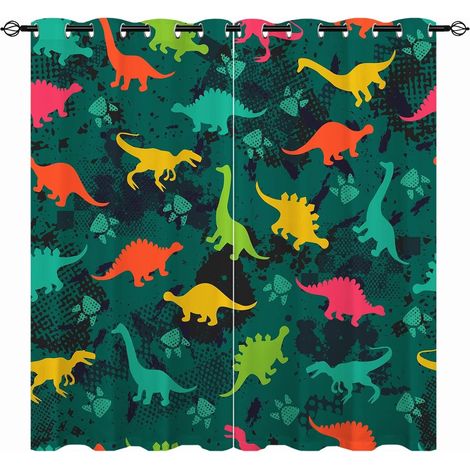 Rideaux Dinosaures Enfants - Motif Jungle Animaux Sauvages avec Œillets Opaques Isolants Thermiques pour Chambre de Garçons - 2 Panneaux L60 x H90cm - 60L X 90H cm (2 Panneaux) (1/5)