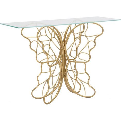 Consolle in metallo dorato forma di farfalla, piano in vetro 110x40x75cm (1/5)