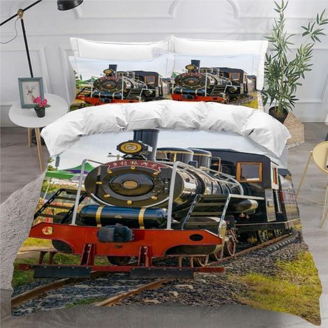 Bettwäsche-Set 155x220 cm mit 2 Kissenbezügen 80x80 cm, 3D Dampflok Motiv, 100% Mikrofaser, pflegeleicht