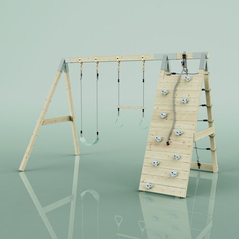 Polarplay – Structure à grimper Raton Laveur Vert 183 x 322 cm – Balançoire double – Poids max 50 kg – Hauteur 215 cm – Usage domestique