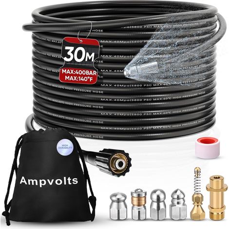 Déboucheur Canalisation Haute Pression 30 m, 5 Buses 400 bar/5800 PSI, 5 buses et adaptateur laiton, compatible avec K2 K3 K4 K5 K6 K7, pour canalisations et évacuations (1/5)