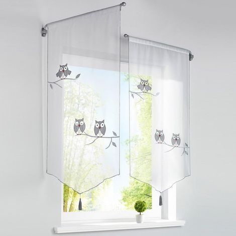 1 Stück transparenter Café-Gardine aus Polyester (60 x 120 cm) mit grauer Eulenstickerei und Quasten, kurze Gardine, Fensterdekoration (1/4)