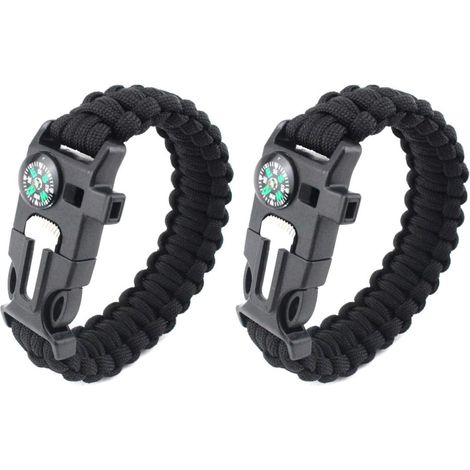 Pulsera de supervivencia de paracord 5 en 1: incluye varias herramientas de emergencia: brújula, encendedor, rascador y silbato, 2 piezas en total, color negro.