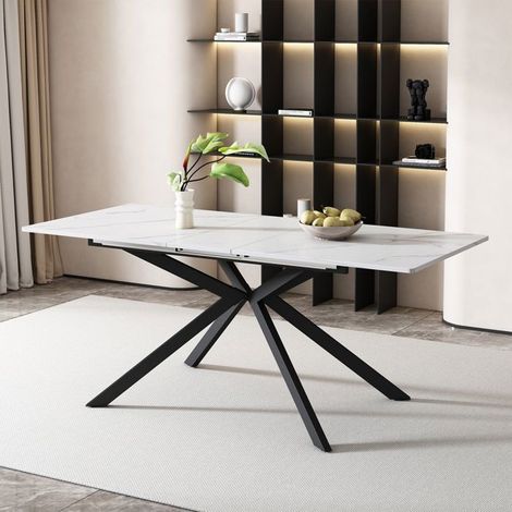 Table extensible extension automatique piètement croix effet marbre noir et blanc plateau rectangulaire table de loisirs café (1/5)