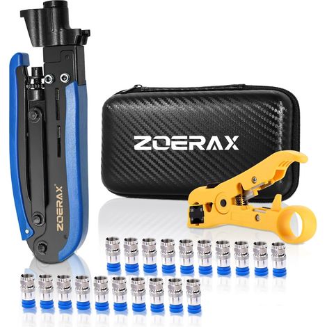 Kit d'outils de sertissage de câble coaxial avec pince à dénuder et 20 connecteurs F – Outil de compression coaxial pour câbles coaxiaux RG6, RG59, RG11 pour TV, Internet, installations (1/5)