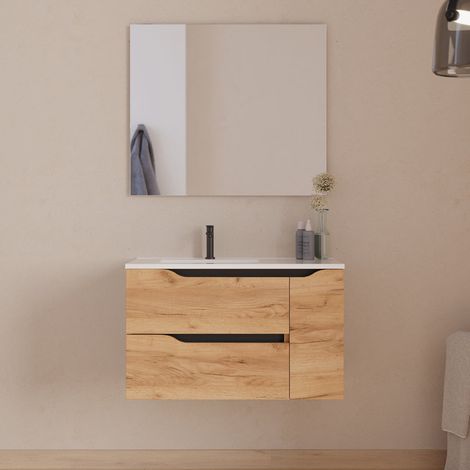 Meuble de salle de bain 80cm avec vasque déportée à gauche et miroir - 2 tiroirs et un placard - roble (chêne clair) - ZARZA (1/5)