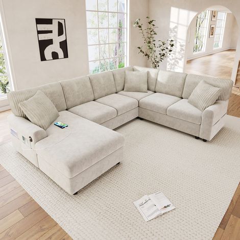 Canapé d'angle en U 6 places 249x196x83 cm, avec méridienne, 3 coussins, USB/USB-C, poches latérales, chenille et velours côtelé, beige