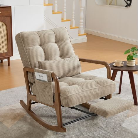 Mecedora con reposapiés y respaldo ajustable en 3 posiciones, bolsillo lateral, pana - caqui (1/5)