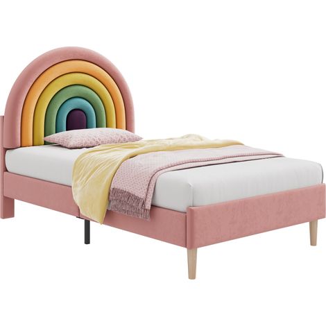 Lit Enfant Simple 90 x 200 cm en Velours avec Tête de Lit Réglable et Pieds 16 cm, sans Matelas, Rose (1/5)