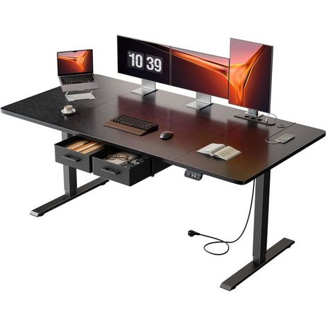 EcoFurnix Bureau Électrique Debout et Assis, 160x 80 cm, avec Prise de Courant Intégrée, 2 Tiroirs Amovibles, Port USB-C, Noir (1/5)