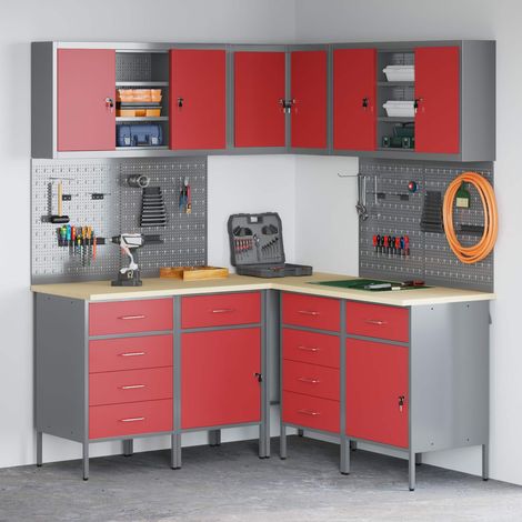 Arbeitsschrankset mit Schubladen mit Regal 12 pcs Rot und Grau (1/5)