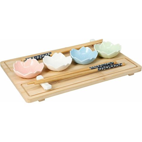 Set per sushi con vassoio in bambù e ciotole in porcellana, 9 pezzi. (1/3)