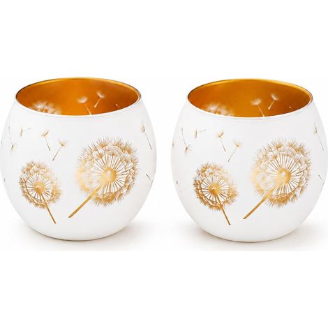 Lot de 2 Photophores Déco de Table avec Motif Pissenlit – Blanc/Or Porte-Bougie en Verre, Pissenlit dans Un Verre pour Ambiance Romantique (1/5)