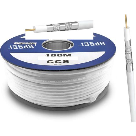 100 m Câble Coaxial TV, 5 fois blindé pour installation SAT, DVB-S, DVB-C, DVB-T, HD, D3, 4K 135db blanc