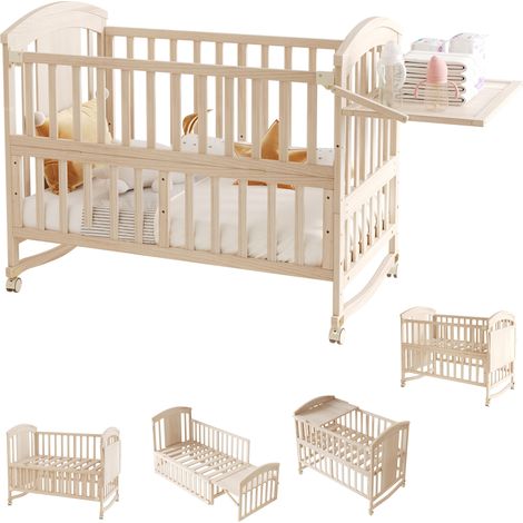 Mehrfunktionales naturholzfarbenes Holz-Babynetzbett: mit Wickeltisch, klappbarem Ablagerack, verlängerbar, als Nebenbett nutzbar, ohne Matratze, 1206095cm (um 40cm verlängerbar) (1/5)
