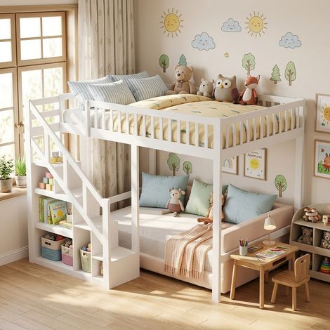 Lit mezzanine 90x200cm,lit Superposé enfant avec rangements intégrés,structure en bois massif, clôture haut, Design moderne pour chambre d'enfant,blanc (1/5)