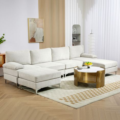 Sofa Modulable 4 Pièces avec Pouf et Coussins, en Tissu effet Velours, 313x149x88 cm, Blanc Crème (1/5)