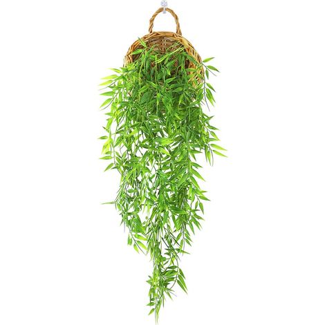 Plante grimpante artificielle à suspendre avec fausses feuilles vertes pour intérieur, extérieur, maison, chambre, jardin ou mariage (panier inclus) 1 m Bois + feuilles de bambou. (1/5)