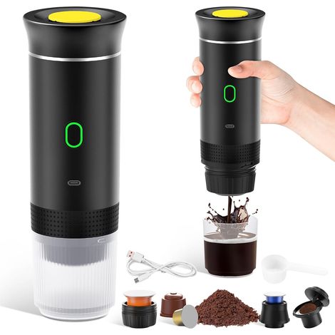 Cafetière Portable 3 en 1,Rechargeable Cafetière Portable de Voyage,12V Machine a Cafe pour Capsule,Café Moulu,pour Camping,Voyage,Bureau,Voiture,Maison (Noir) (1/5)