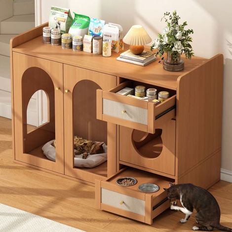 Buffet 120x50x80, rangement généreux buffet salon, finition noyer, espace repos chat avec gamelles (1/5)