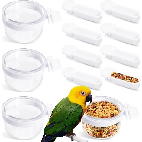 Lot de 4 bols transparents amovibles pour petits oiseaux avec 8 petits gobelets en plastique pour perroquet, mangeoire pratique à suspendre pour canari, pinson, perroquet (transparent) (1/5)