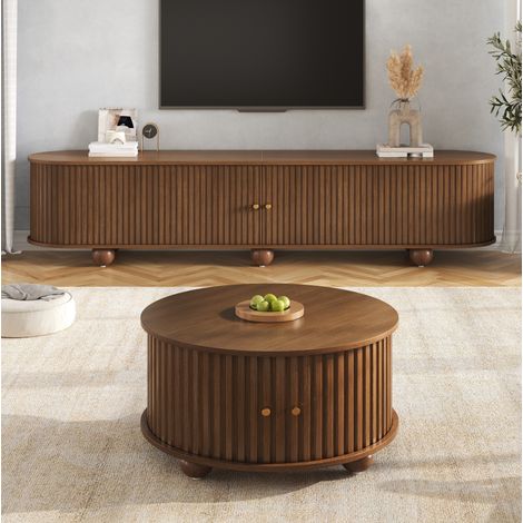 Ensemble table basse ronde et meuble TV incurvé avec portes coulissantes 180 cm MDF noyer REDOM (1/5)