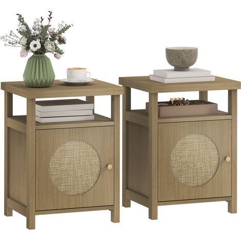 Set di 2 comodini stretti, tavolino con vano a giorno, mobiletto contenitore con finitura in rattan, 40 x 35 x 55 cm, marrone
