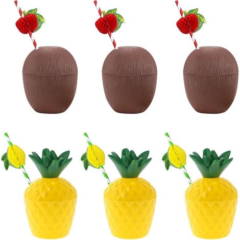 Ensemble JeiibrZui pour fête hawaïenne (Luau) - 6 gobelets tropicaux - Forme noix de coco et ananas - Plastique réutilisable - Idéal pour une fête sur la plage, une fête d'été ou une garden-party (1/5)