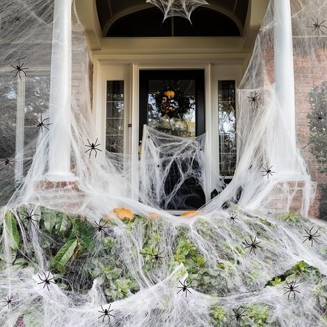Toile d'araignée d'Halloween blanche 200 g en soie 40 décorations d'araignées Toile d'araignée super extensible pour intérieur et extérieur (1/5)