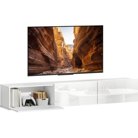 Meuble TV flottant blanc 180 cm avec 3 tiroirs et grand espace de rangement pour un salon élégant et moderne (1/5)