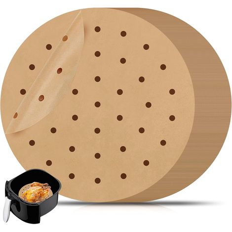 100 Blatt perforiertes Backpapier (20 cm Durchmesser) für Heißluftfritteusen, Dampfgarer, antihaftbeschichtetes Backpapier für Heißluftfritteusen und zum Backen von Keksen (1/5)