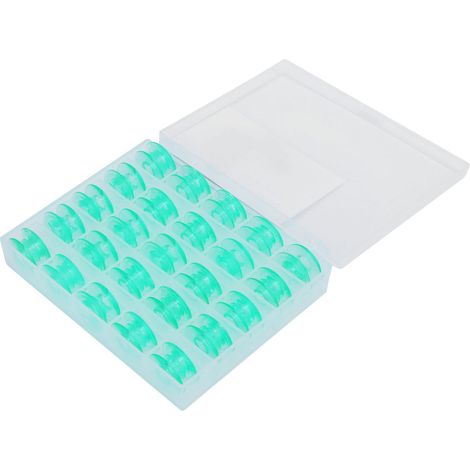 Lot de 25 bobines de machine à coudre multifonctionnelles en plastique vert pour broderie, avec boîte de rangement pour la couture et le quilting.