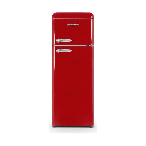 Schneider – Réfrigérateur vintage 2 portes 206L – Hauteur 150cm – Niveau sonore 42dB – Congélateur 4 étoiles – Rouge