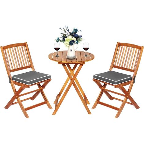 Ensemble de Table et Chaises en Bois d’Acacia 3 Pièces, Comprenant 1 Table et 2 Chaises Coussins Rembourrés (Gris+Naturel) (1/5)