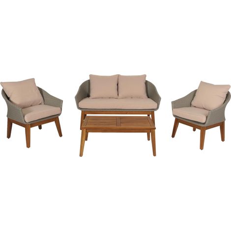 Mobile da giardino divano poltrone e tavolo in polyrattan e legno di acacia con cuscini beige 040008322