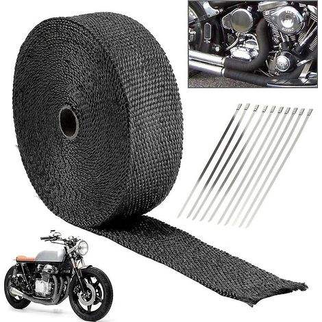 Kit de ruban isolant thermique pour pot d'échappement de moto, ruban isolant noir de 10 m avec 10 colliers de serrage autobloquants en acier inoxydable (1/5)