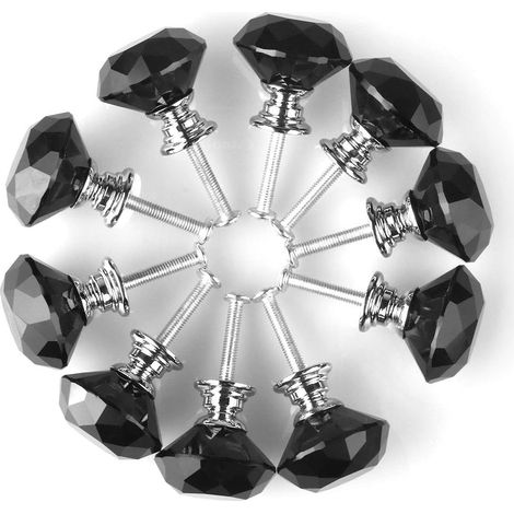 JSSEVN - Round/diamond-shaped crystal knob, cabinet with screw, 30 mm, diamond glass, aluminum alloy, black, pack of 10 (1/5)
