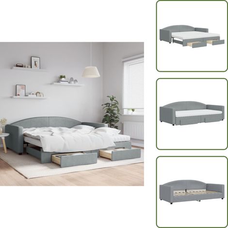 The Living Store Lit de jour avec gigogne et tiroirs gris clair 100x200 cm tissu - Canapé Lit - Lit Gigogne - Lit D'appoint - Meuble Multifonctionnel - Meubles De Salon