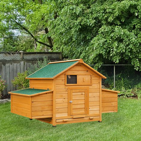 Poulailler en bois accueillant 4 poules, cage à poules avec pondoir, toit imperméable ouvrable, tiroir amovible, jaune (1/5)