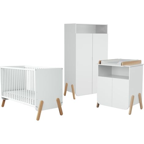 Les Tendances – Chambre bébé complète PIRATE – Lit 60 x 120 cm avec sommier réglable – Meuble à langer 2 portes – Armoire hêtre massif 2 portes