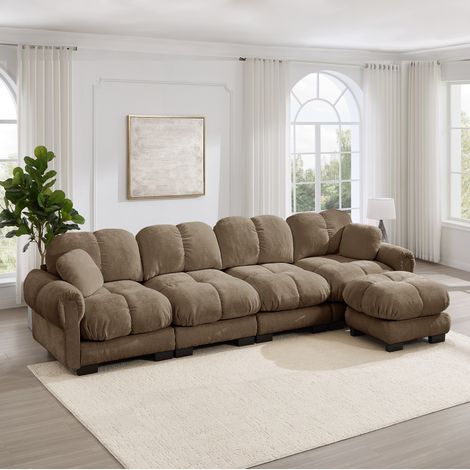 Canapé d'angle 330x149 cm chenille marron HAVRYA (1/5)