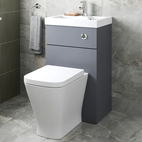 2 in 1 Back to Wall BTW Toilet Basin Combi Unit 500mm Bathroom Modern Grey Gloss (1/5)