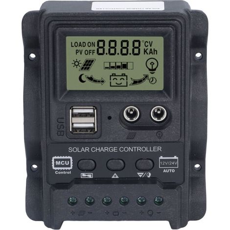 Contrôleur de Charge Solaire PWM Double USB 10A, Affichage LCD ABS, Commande Lumière, 12V/24V (130W/260W)