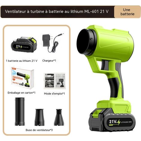 Souffleur turbo sans fil 21V, batterie 10 cellules, 3 buses, feuilles jardin, déneigement, kit 1 batterie + chargeur, boîte carton