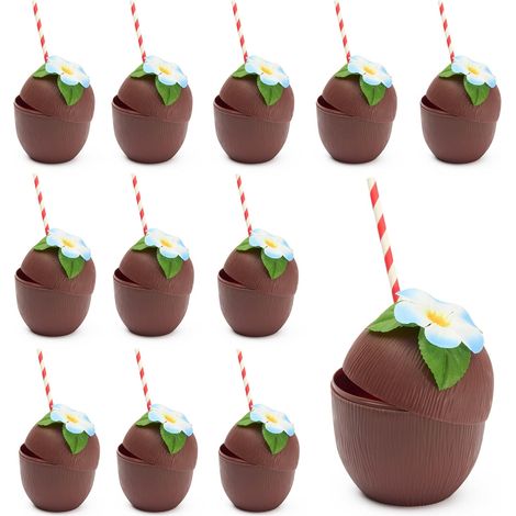 12 Gobelets Noix de Coco 470 ml - Plastique Réutilisable avec Fleurs et Pailles - Verres Cocktail Tiki pour Fête Hawaïenne Plage et Piscine (1/5)