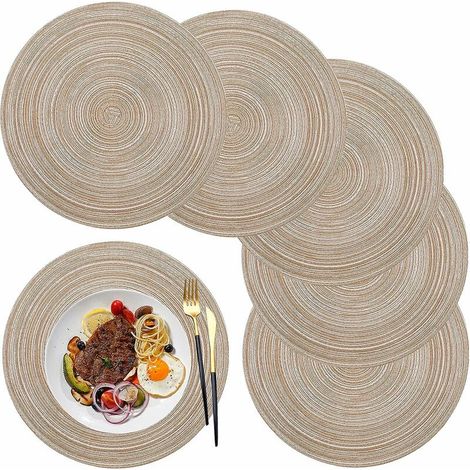 Placemats, Round Placemat PP Braided Set of 6 Washable Heat Resistant Non-Slip, 36cm, Coffee Color (1/5)