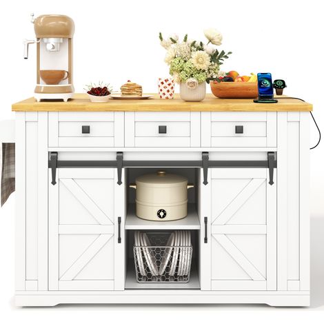 Carrello da Cucina con 3 Cassetti, Prese e USB, Piano Ribaltabile, MDF, 130 x 50(80) x 87 cm, Bianco Naturale (1/5)